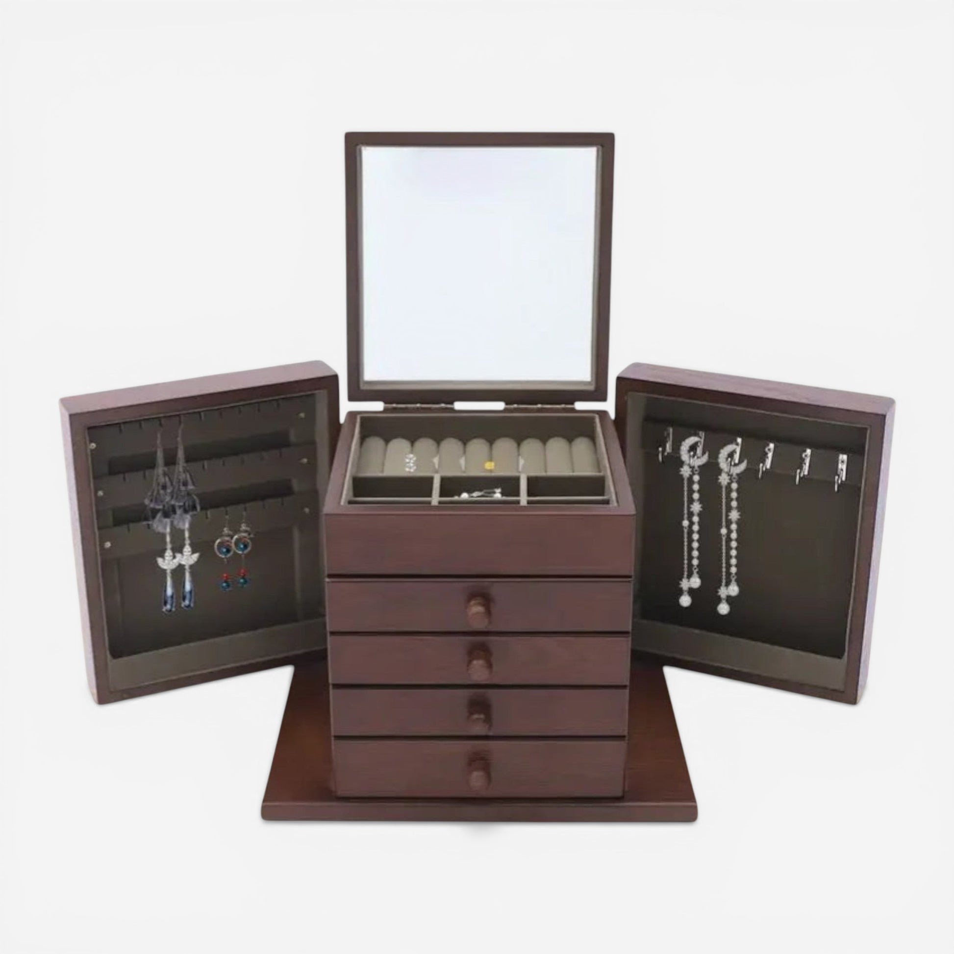 Boîte à bijoux en bois premium avec miroir, portes latérales et tiroirs pour organiser colliers, bagues et accessoires.