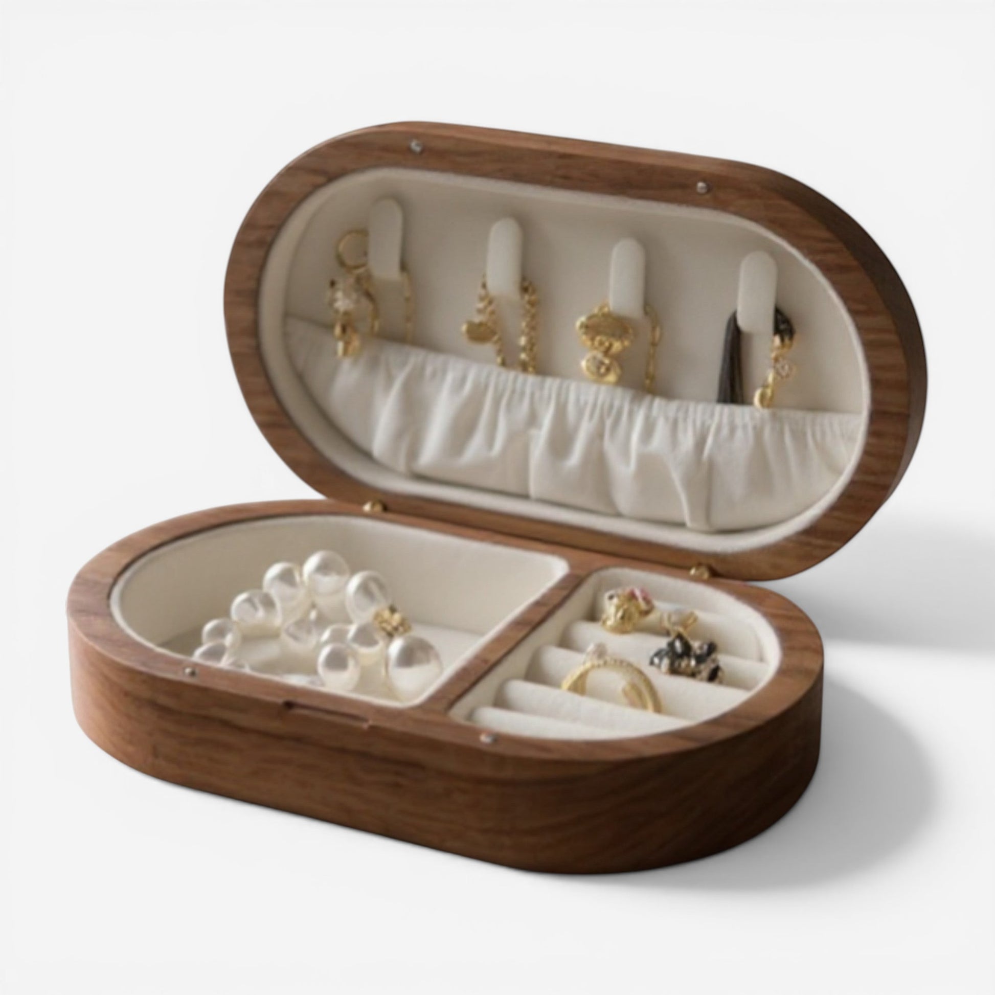 Boîte à bijoux en bois avec rangement pour bagues, bracelets et colliers.