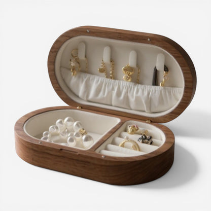 Boîte à bijoux en bois avec rangement pour bagues, bracelets et colliers.