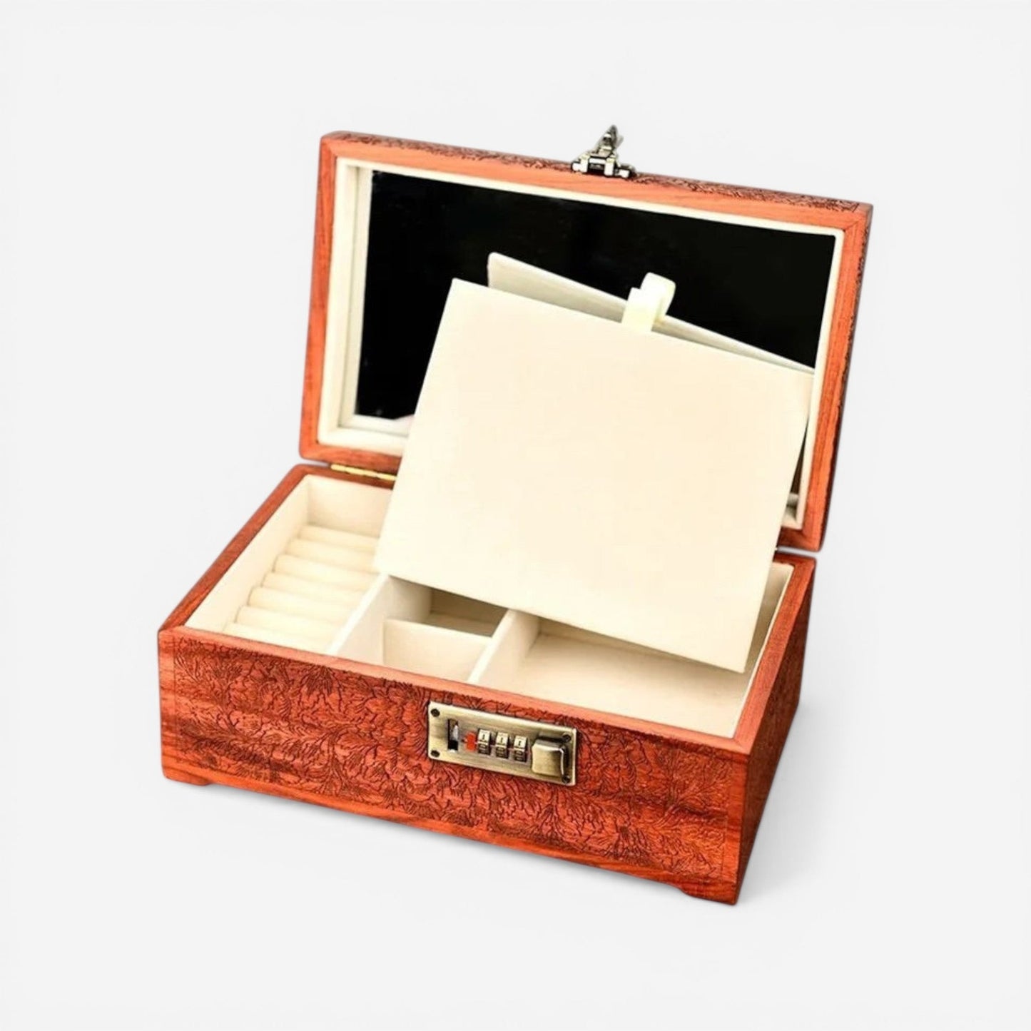 Boîte à bijoux en bois de santal avec miroir intégré, parfaite pour organiser et protéger vos bijoux avec style.