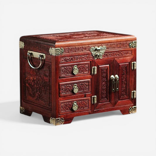 boîte à bijoux en bois sculpté artisanale avec motifs décoratifs et finition élégante