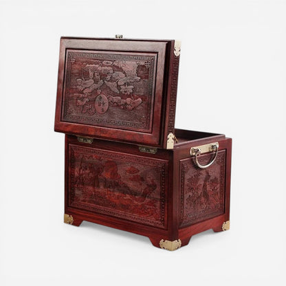 boîte à bijoux en bois sculpté ouverte avec intérieur compartimenté pour bijoux