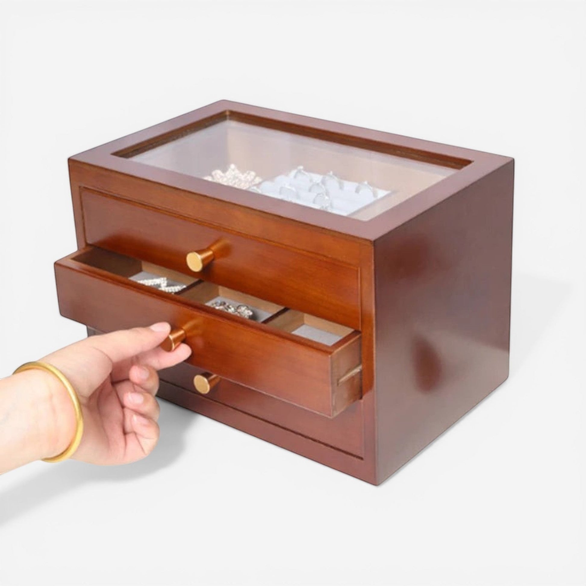 boîte à bijoux en bois avec tiroirs et intérieur organisé pour bijoux