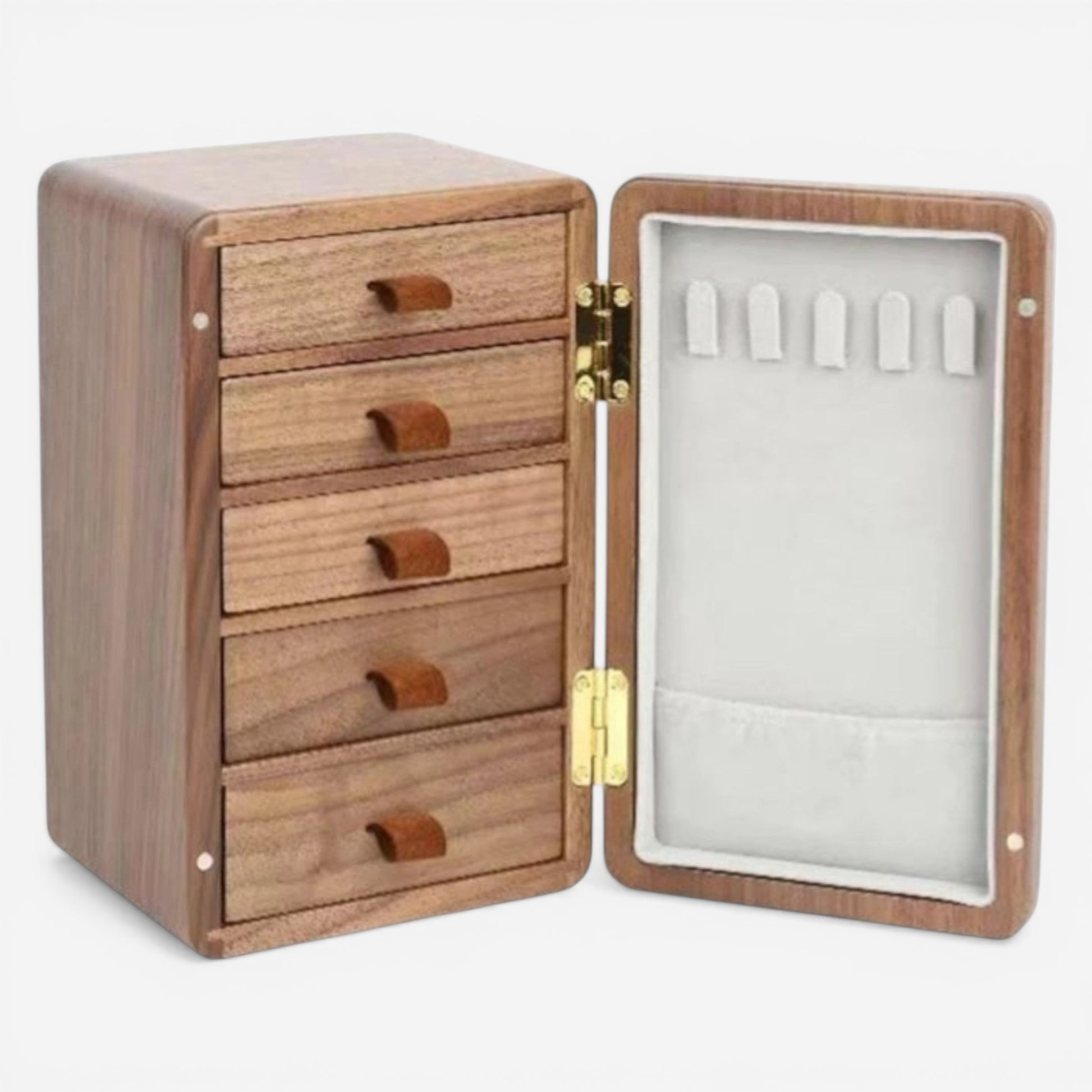 Boîte à bijoux en bois avec tiroirs et miroir, ouverte avec compartiments pour organiser bijoux et accessoires.