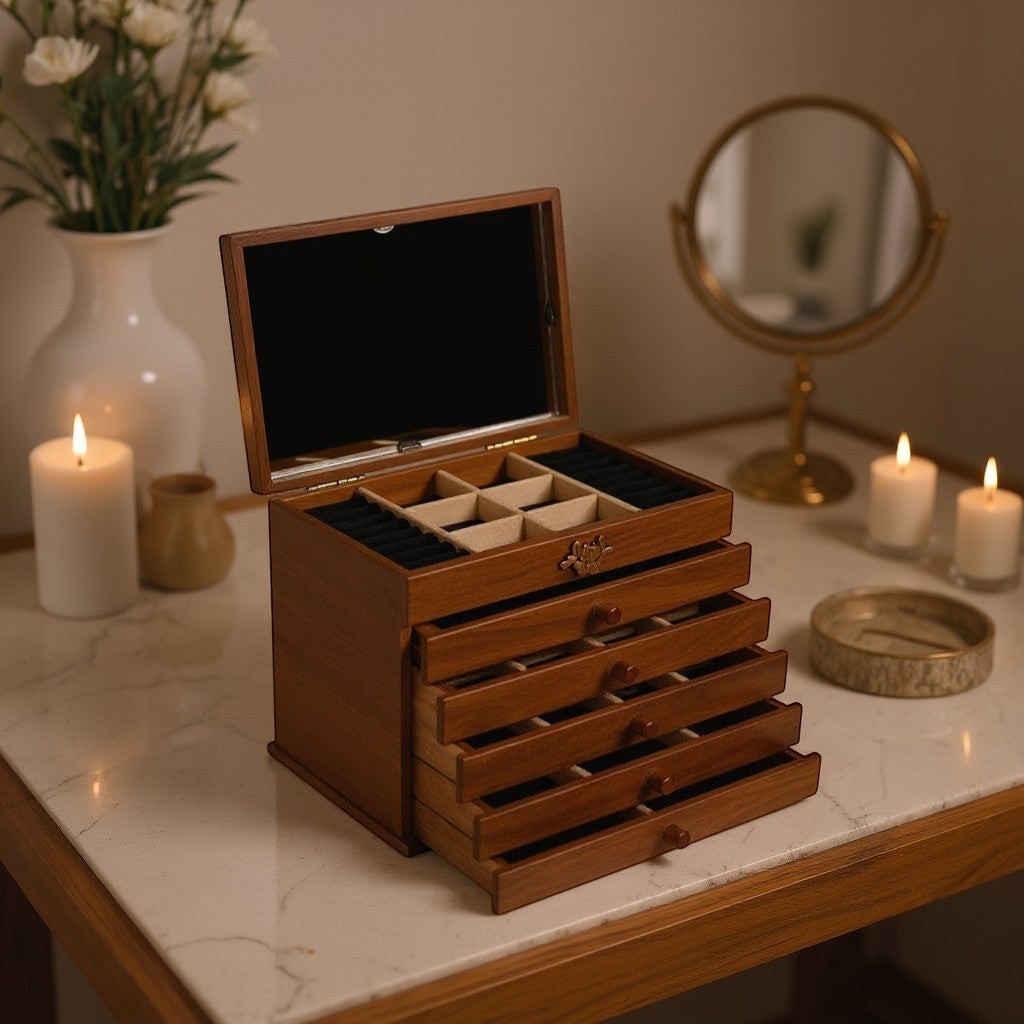 Boîte à bijoux en bois avec plusieurs tiroirs pour ranger bagues, colliers et accessoires dans un intérieur élégant.