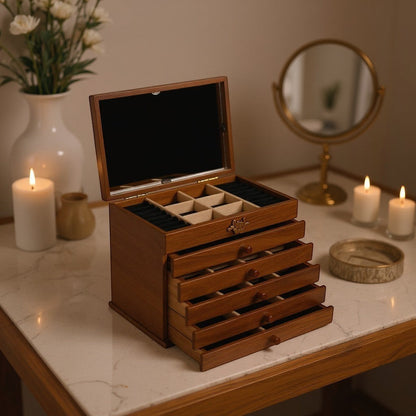 Boîte à bijoux en bois avec plusieurs tiroirs pour ranger bagues, colliers et accessoires dans un intérieur élégant.