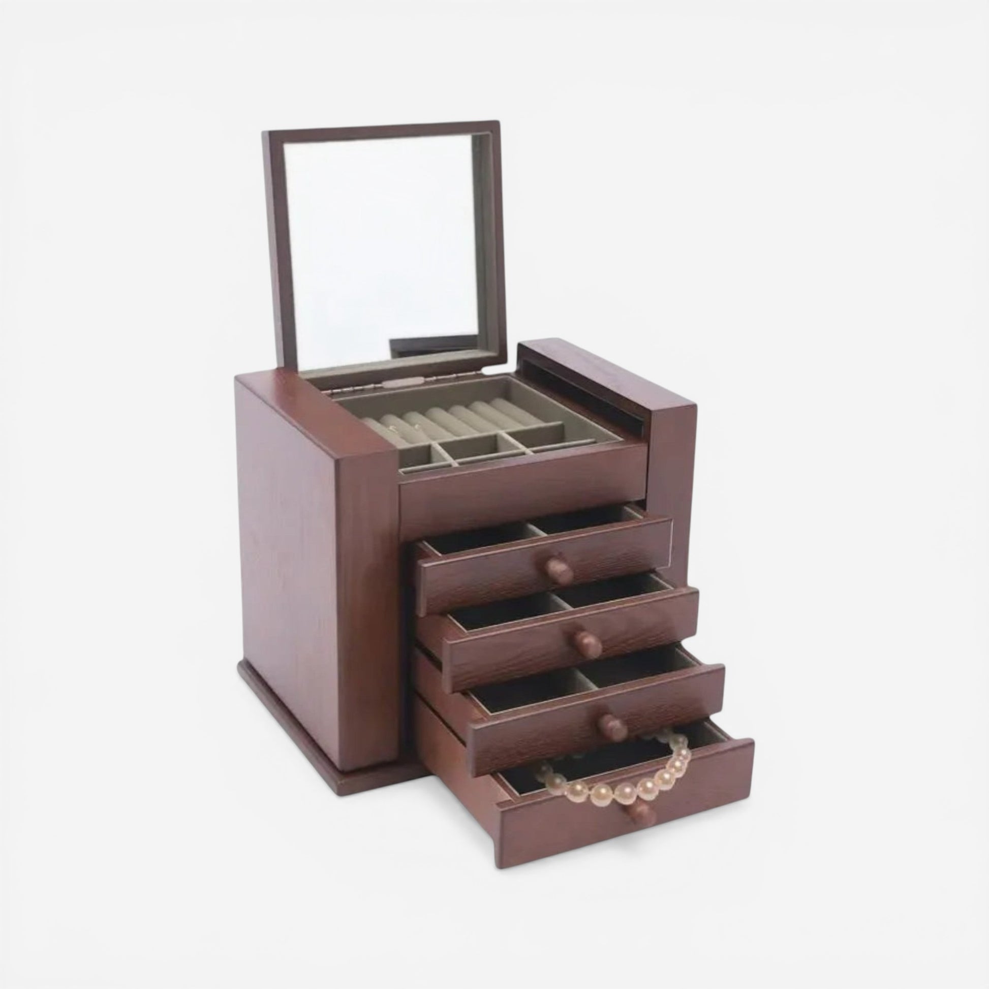 Boîte à bijoux en bois avec tiroirs multiples coulissants pour un rangement organisé des bijoux.