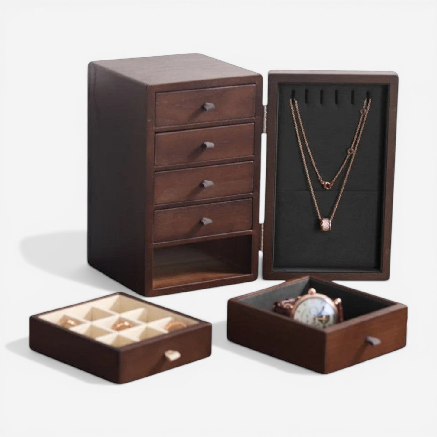Boîte à bijoux en bois avec tiroirs et compartiments pour ranger montres, bagues et colliers.