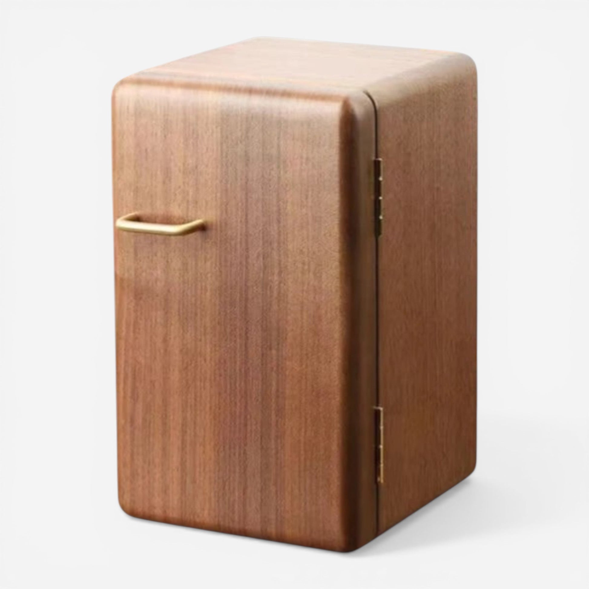 Boîte à bijoux verticale en bois avec poignée latérale et design compact.