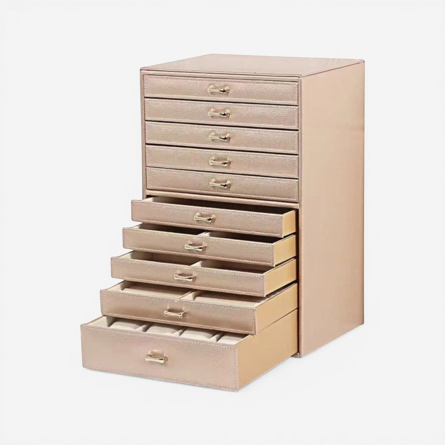 Boîte à bijoux couleur champagne avec tiroirs pour organiser les accessoires.