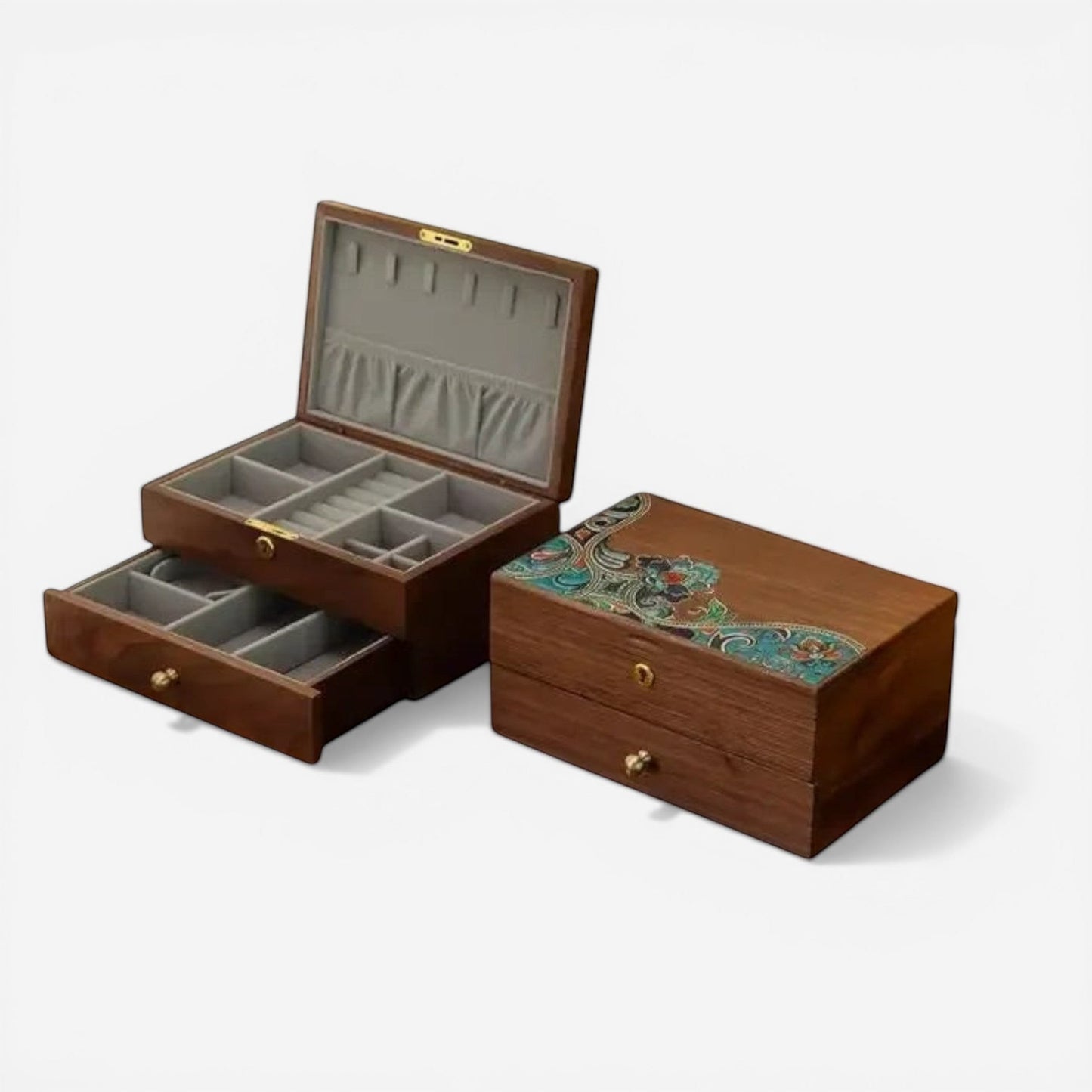 coffret à bijoux chinois ouvert et fermé avec compartiments pour bagues colliers et bracelets