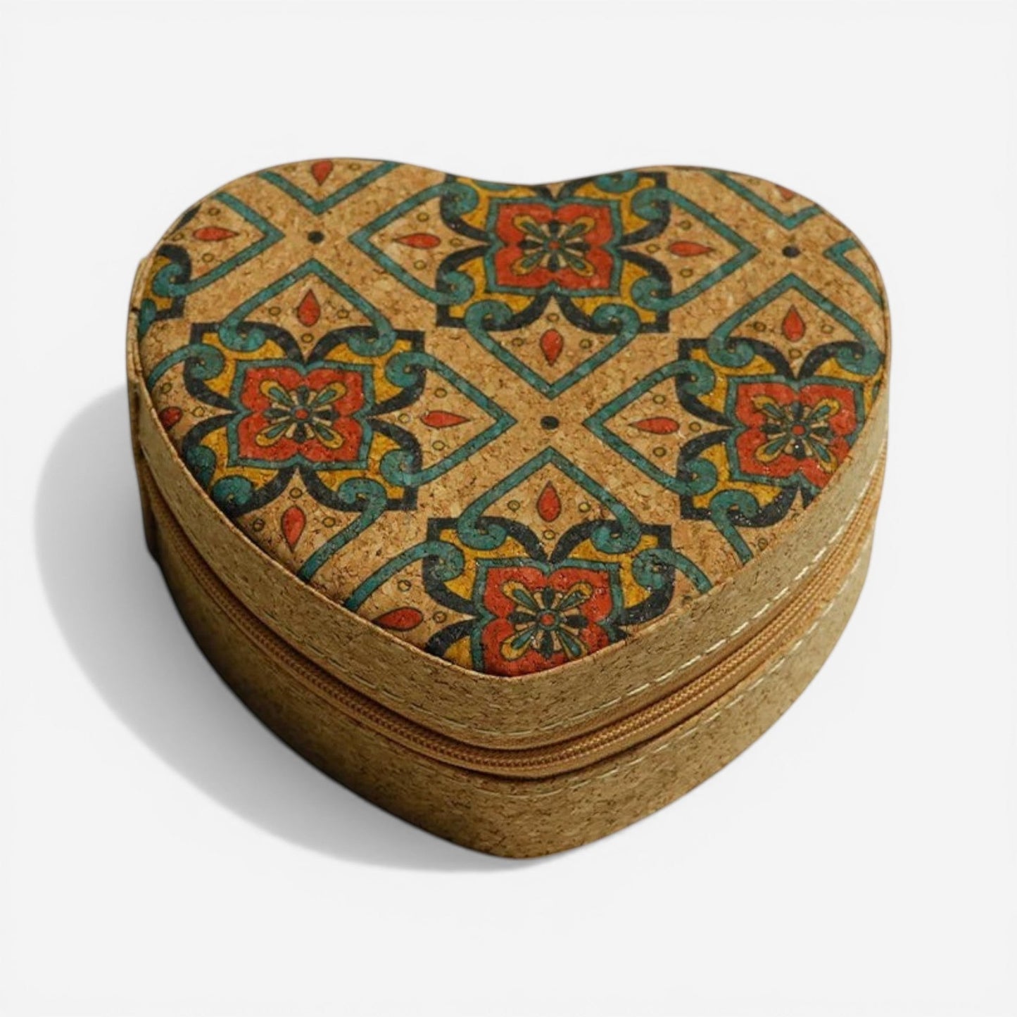 boite à bijoux compacte en liège en forme de coeur avec motifs colorés pour rangement bijoux