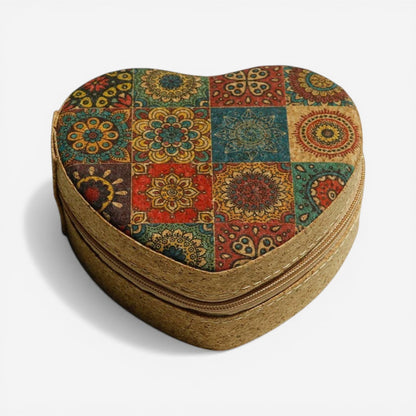 boite à bijoux en liège en forme de coeur avec motifs colorés et fermeture sécurisée
