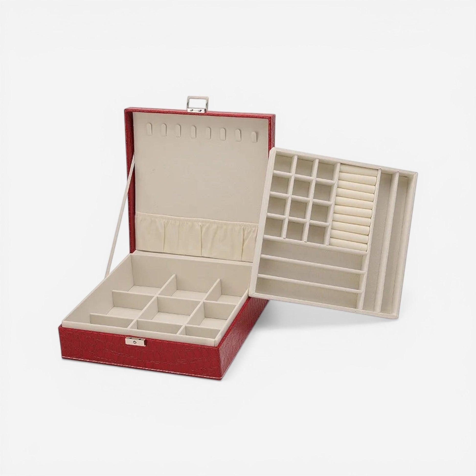 boîte à bijoux effet croco avec intérieur clair et compartiments pour bijoux