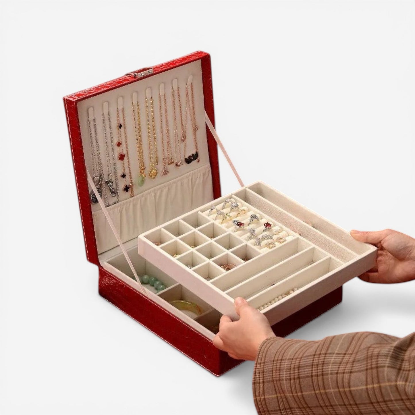 boîte à bijoux effet croco ouverte avec accessoires et compartiments de rangement