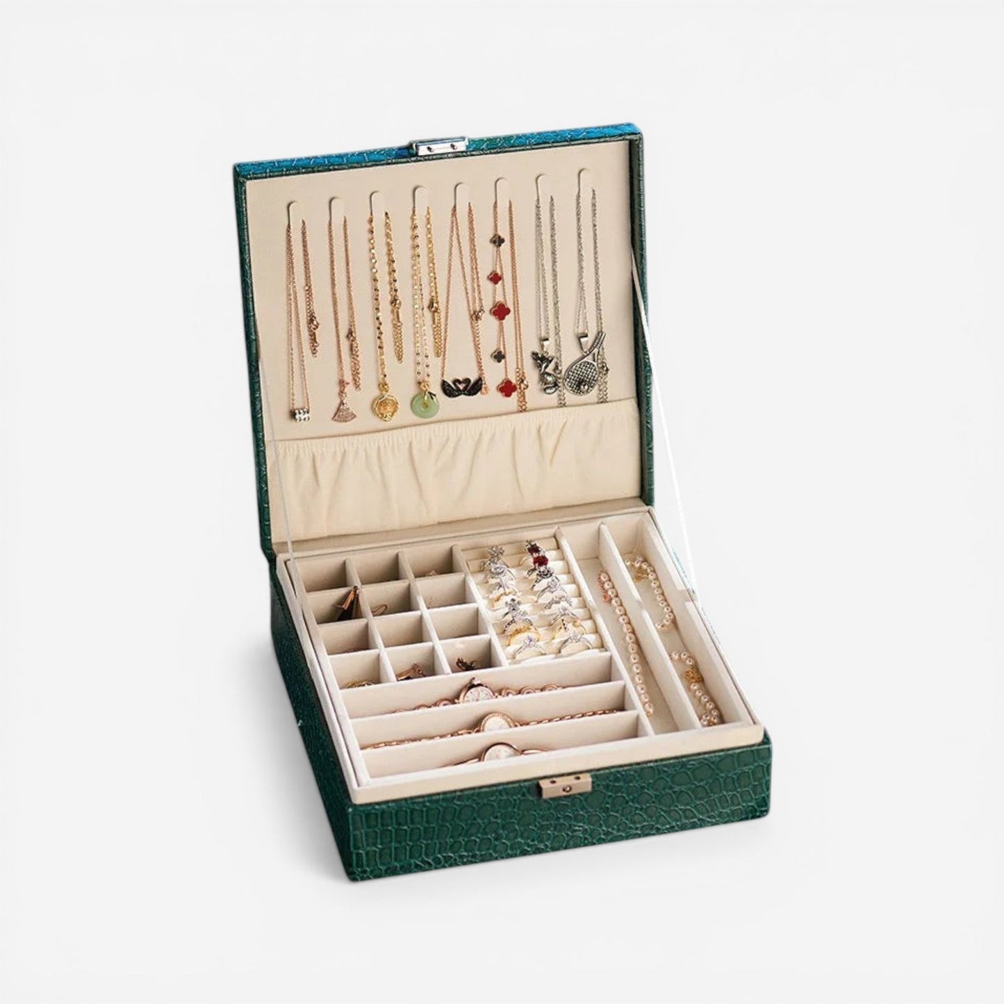 boîte à bijoux effet croco ouverte avec intérieur compartimenté pour bagues et bijoux