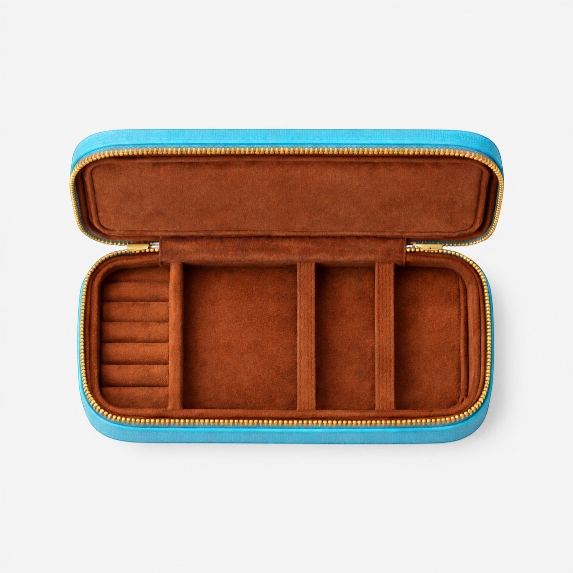 boîte à bijoux en cuir bleu avec doublure en velours et rangement pour bijoux et accessoires