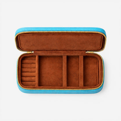 boîte à bijoux en cuir bleu avec doublure en velours et rangement pour bijoux et accessoires
