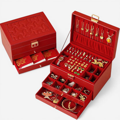 boite à bijoux en cuir rouge élégante avec intérieur compartimenté pour organiser différents accessoires