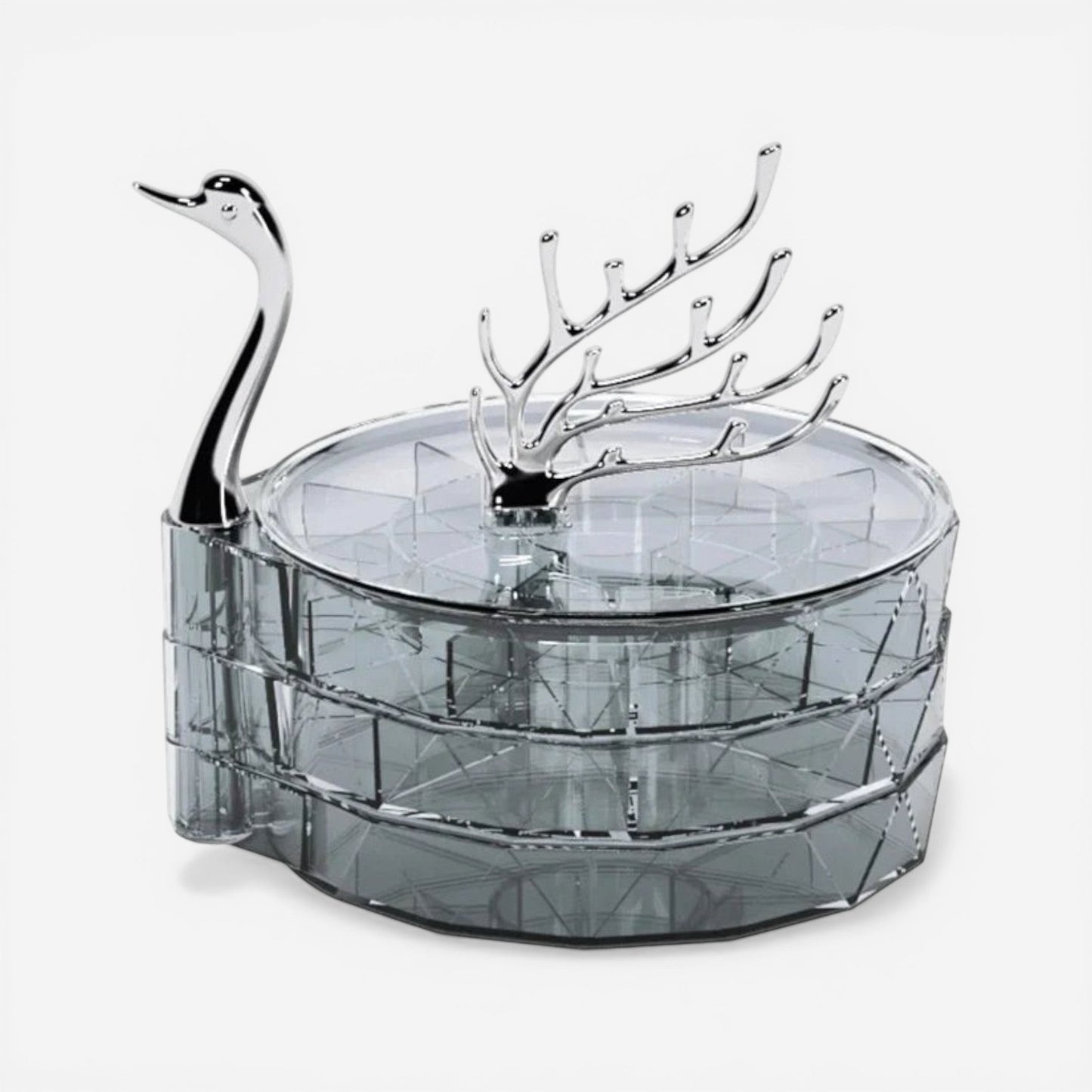 Boîte à bijoux cygne argentée au style luxe parfaite pour protéger et exposer vos bijoux avec élégance.
