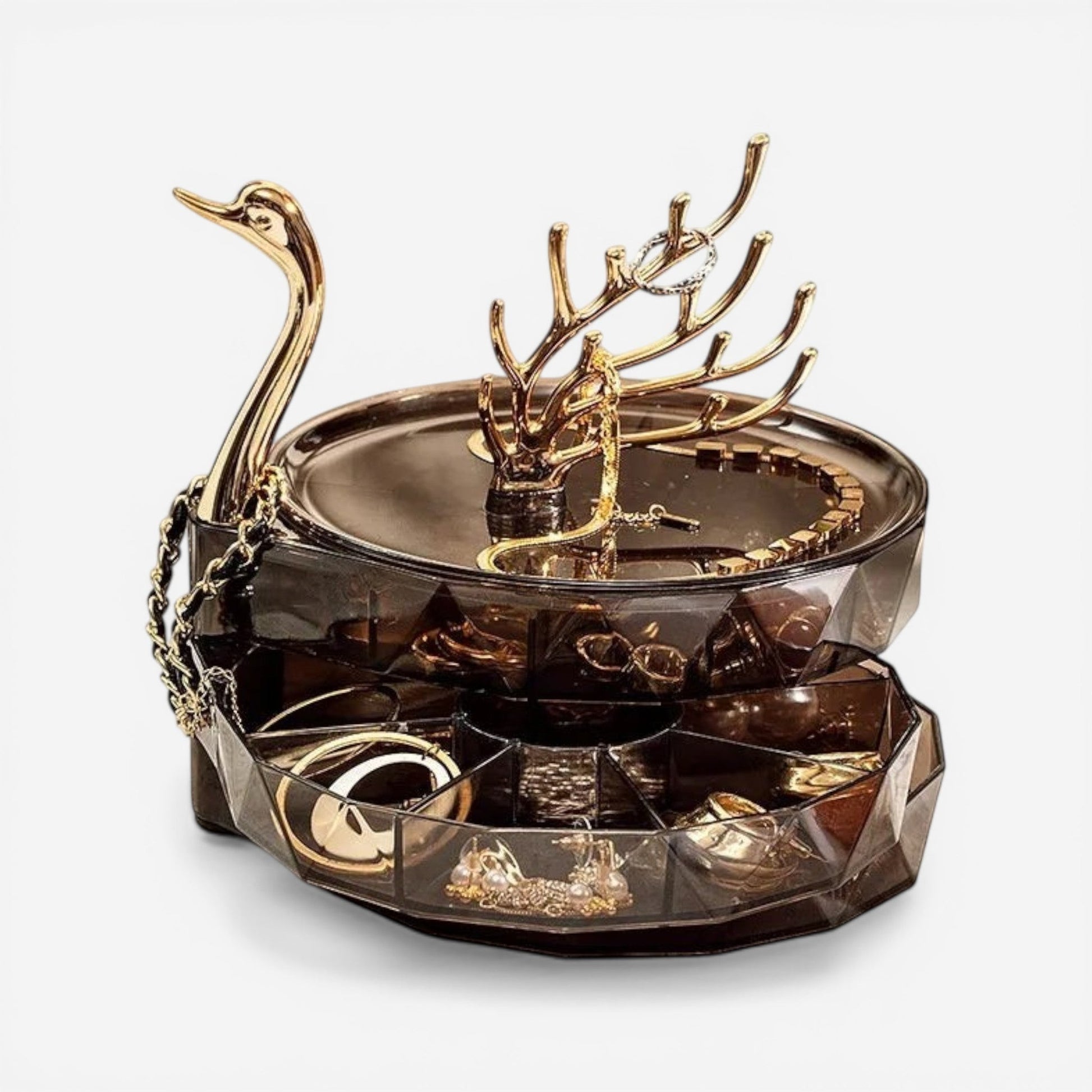 Boîte à bijoux en forme de cygne doré au design élégant idéale pour une décoration raffinée et pratique.