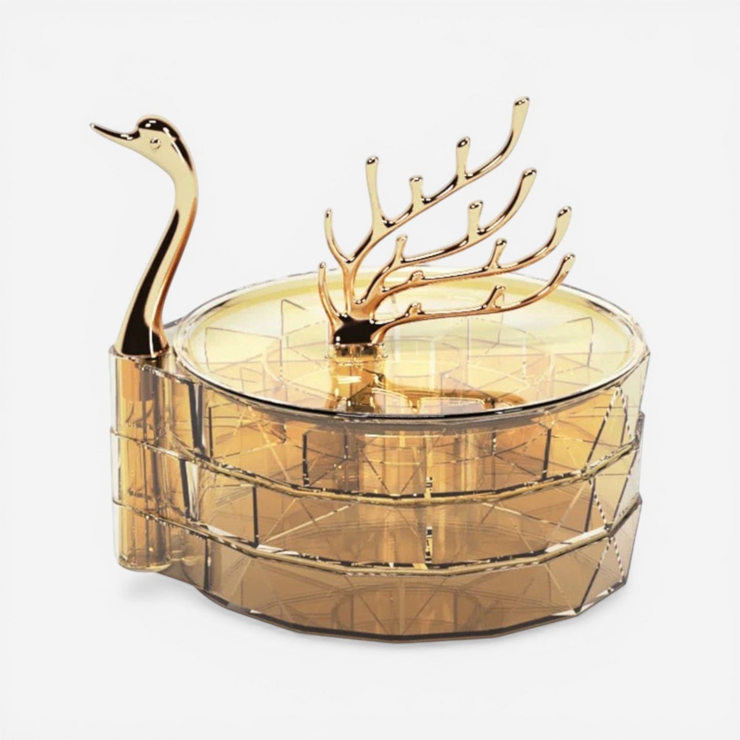 Boîte à bijoux cygne ronde dorée avec design original idéale pour organiser vos accessoires précieux.