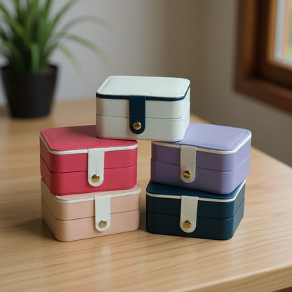 Boîtes à bijoux compactes empilées, avec design moderne et fermeture à bouton doré.