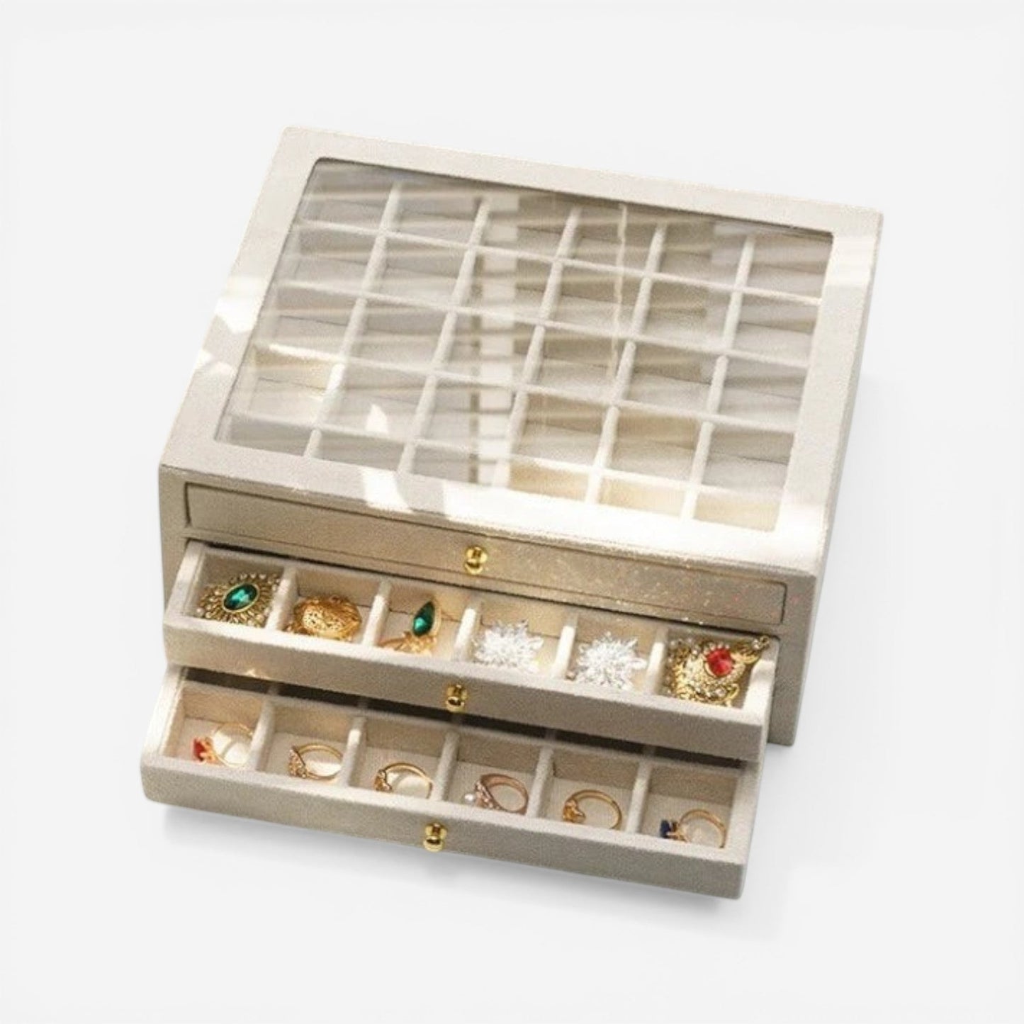 boite à bijoux en flanelle beige multicouche avec espaces de rangement pour bijoux