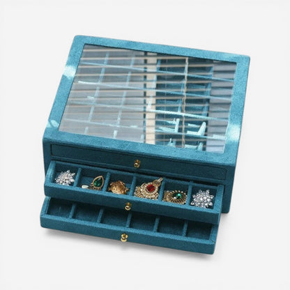 boite à bijoux en flanelle bleue avec plusieurs étages de rangement pour bijoux