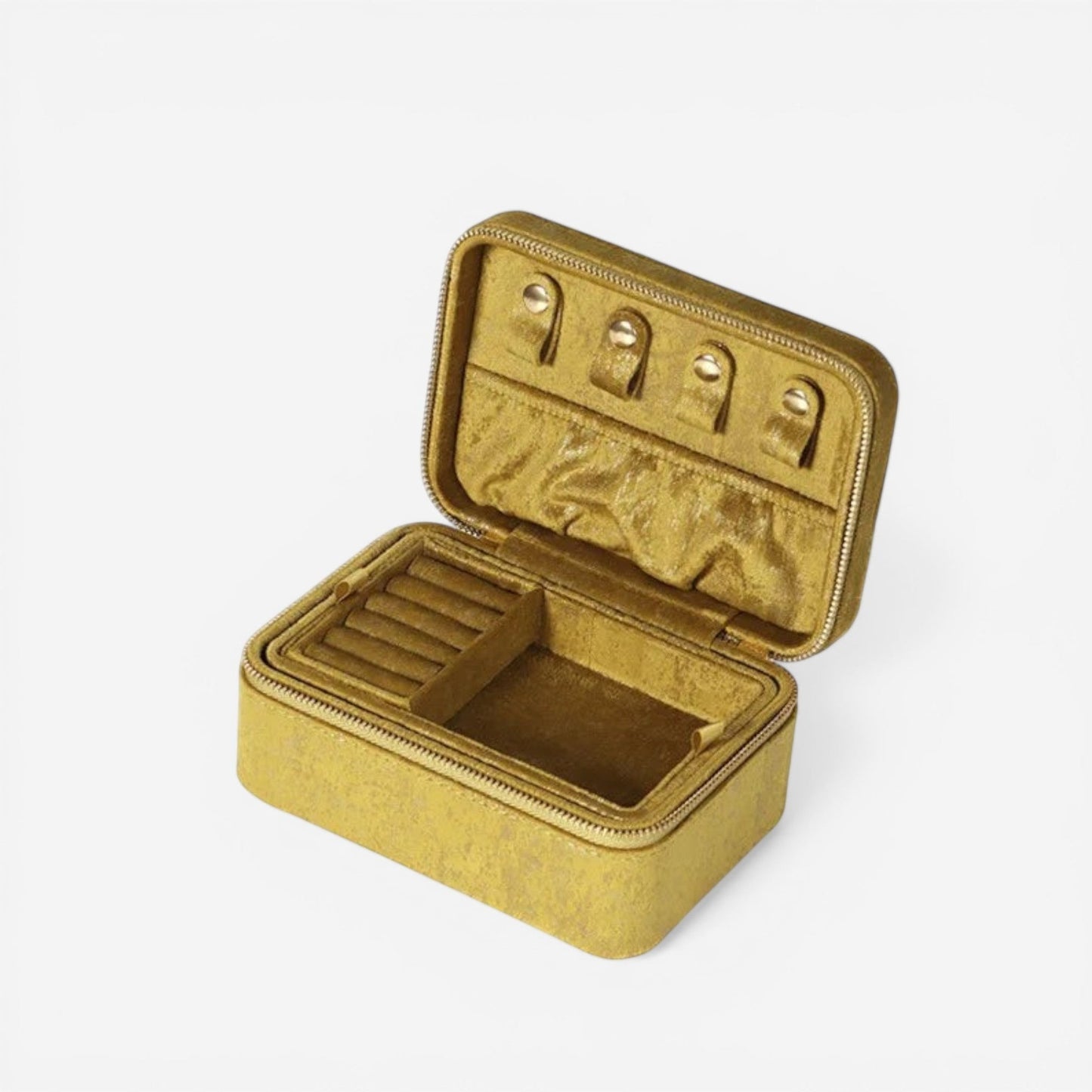 Boîte à bijoux en flanelle jaune, au design original, idéale pour ranger vos bijoux avec style et douceur.
