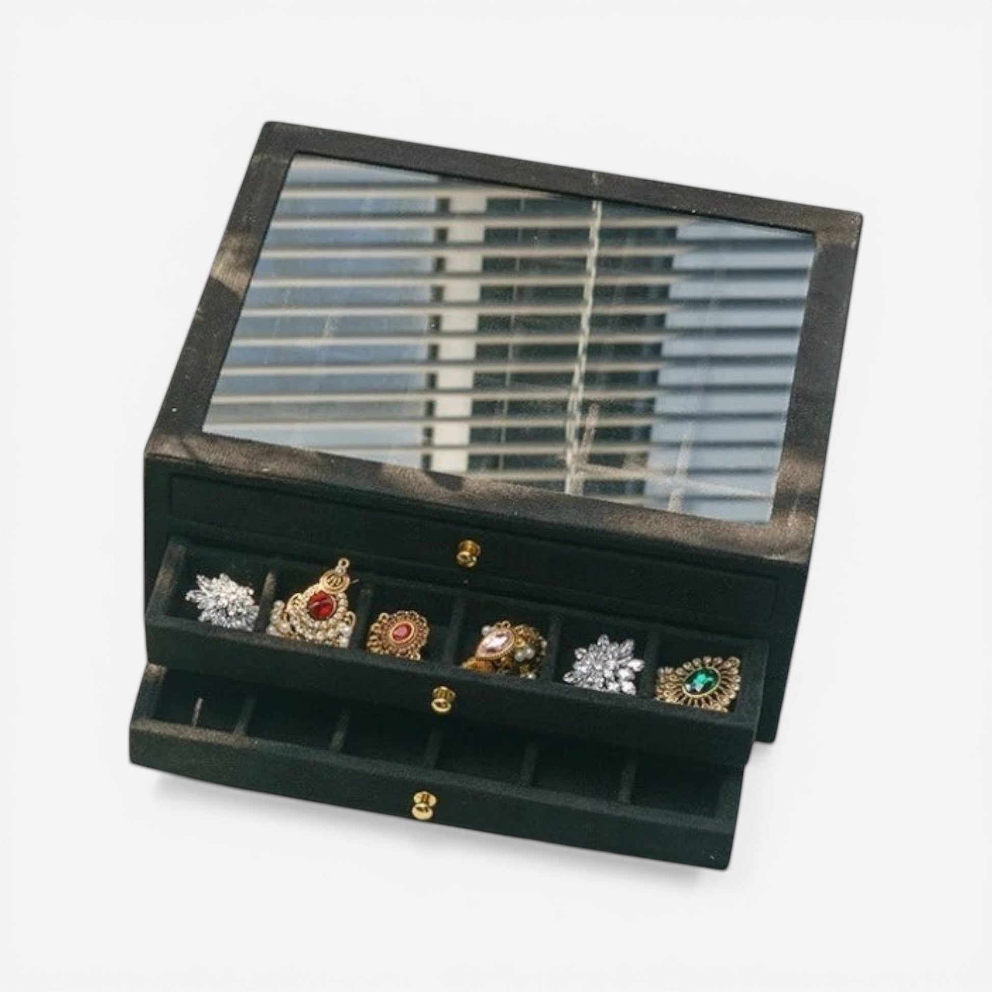 boite à bijoux en flanelle noire multicouche avec compartiments pour organiser bijoux