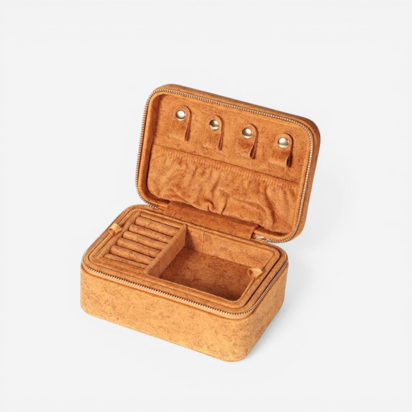 Boîte à bijoux en flanelle orange, au design chaleureux, idéale pour un rangement pratique et esthétique.