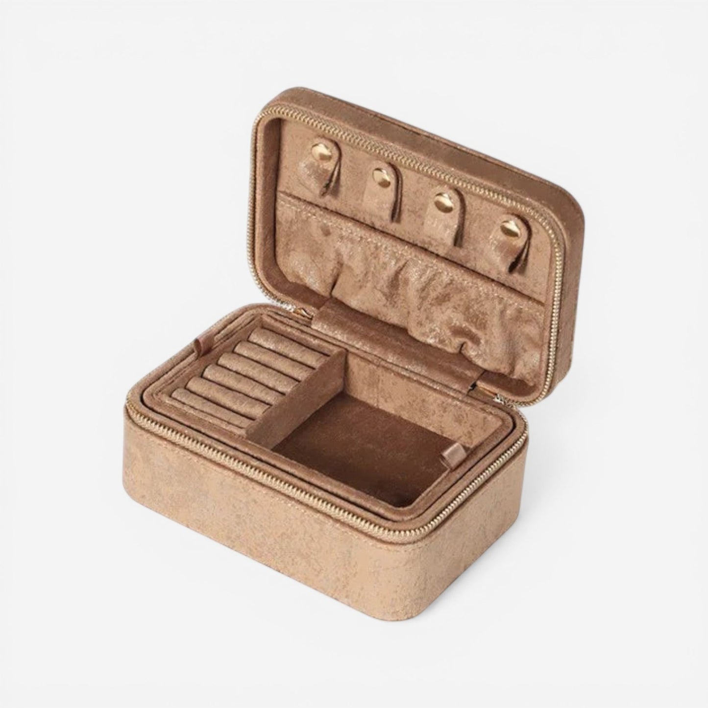 Boîte à bijoux en flanelle avec compartiments multiples, parfaite pour organiser bagues, colliers et bracelets.