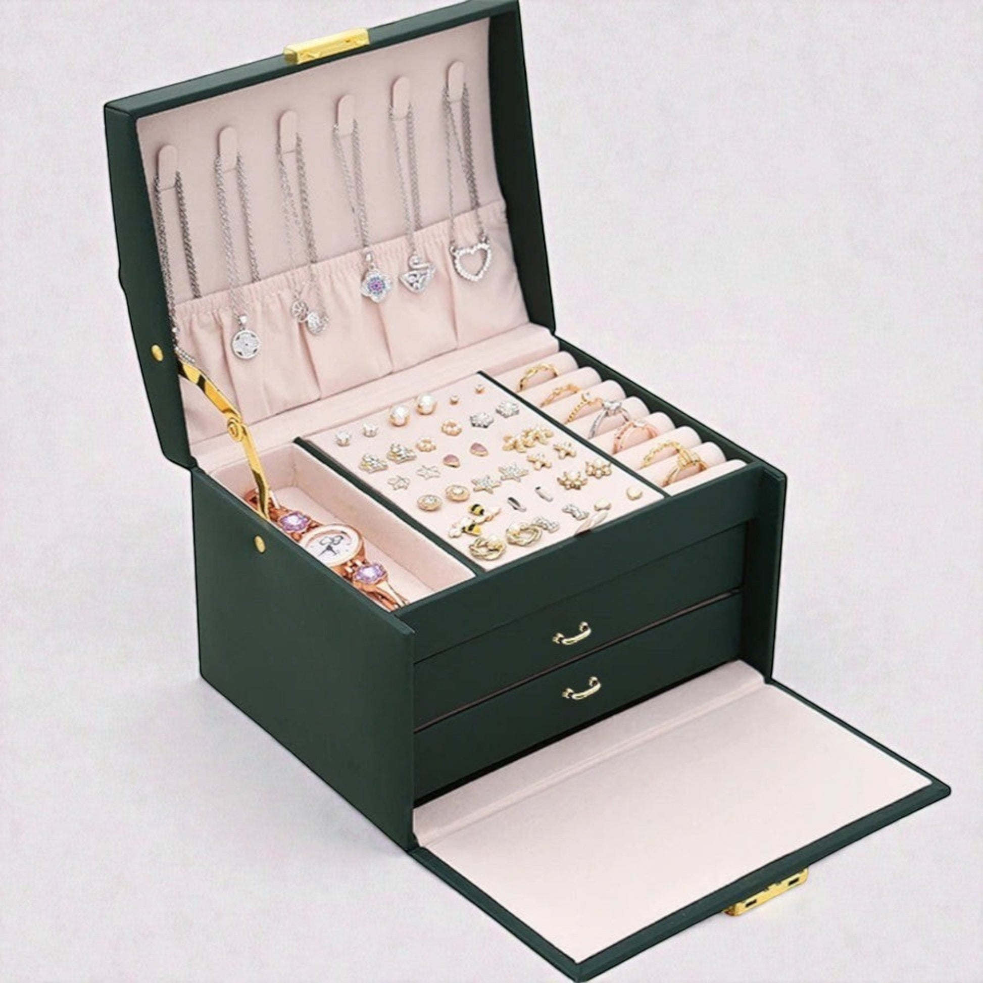Grande boîte à bijoux avec plusieurs compartiments et tiroirs de rangement.