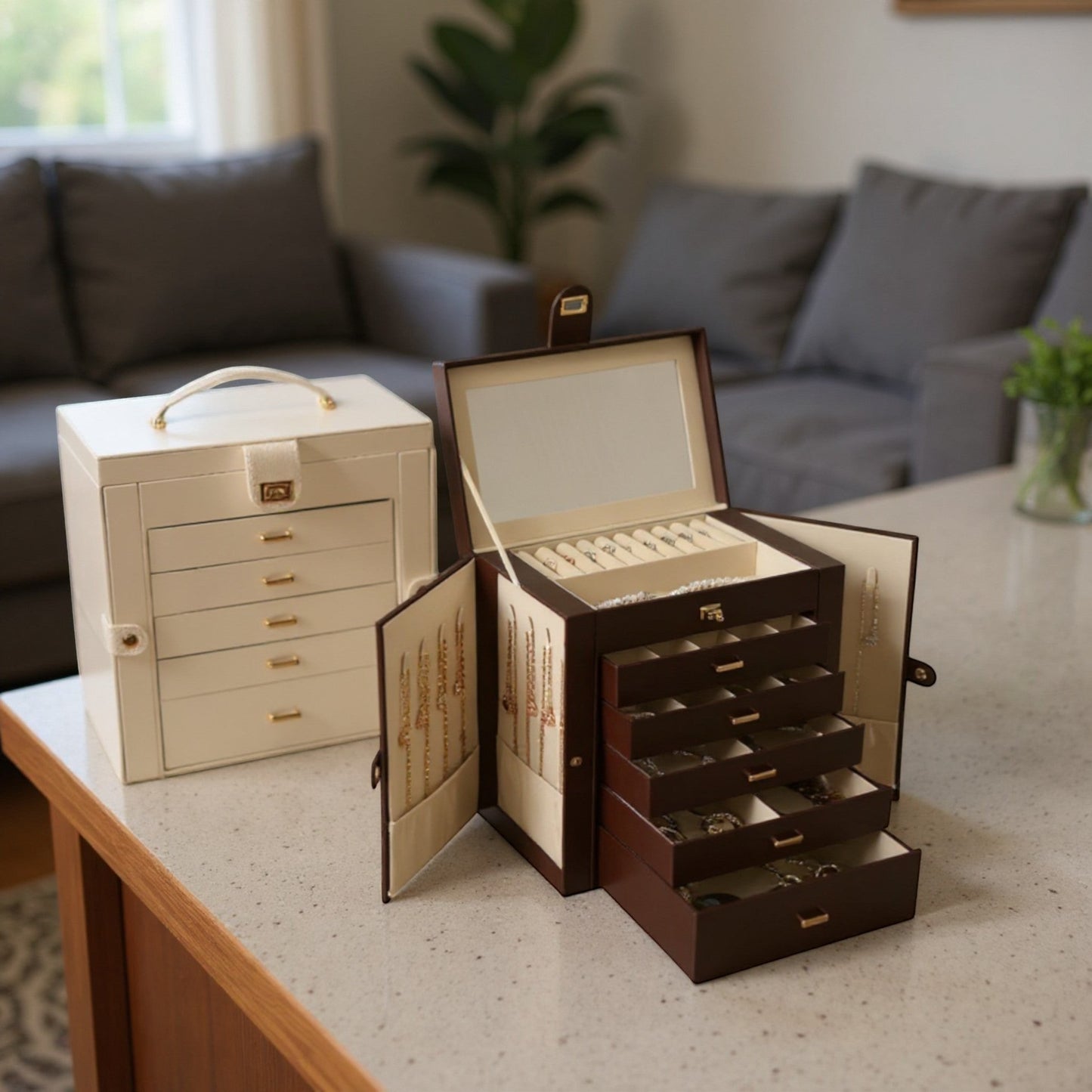 Boîtes à bijoux grande capacité avec tiroirs et compartiments, modèles beige et marron ouverts.