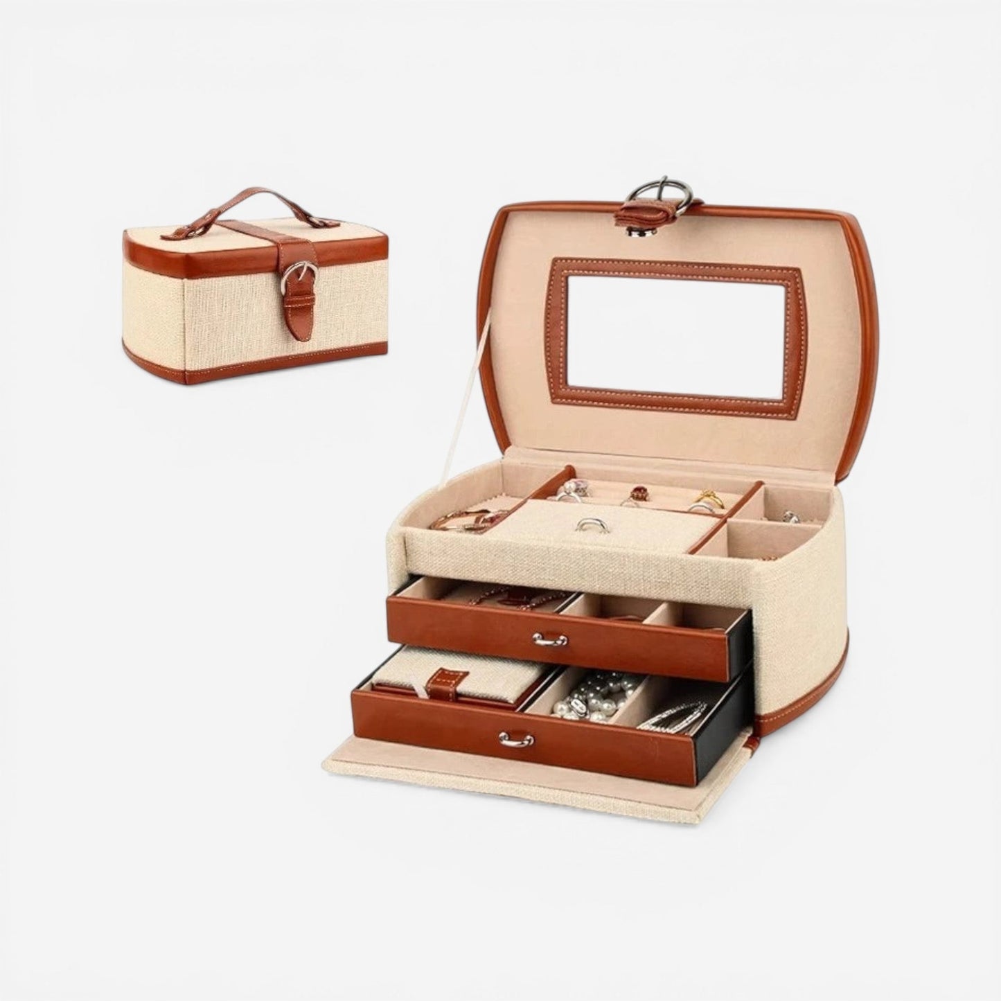 Boîte à bijoux complète avec grande capacité et organisation optimisée pour une collection de bijoux variée.