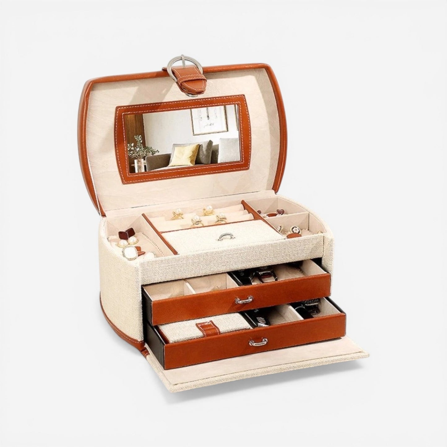 Boîte à bijoux grande capacité avec miroir intégré et nombreux compartiments pour organiser facilement tous vos bijoux.