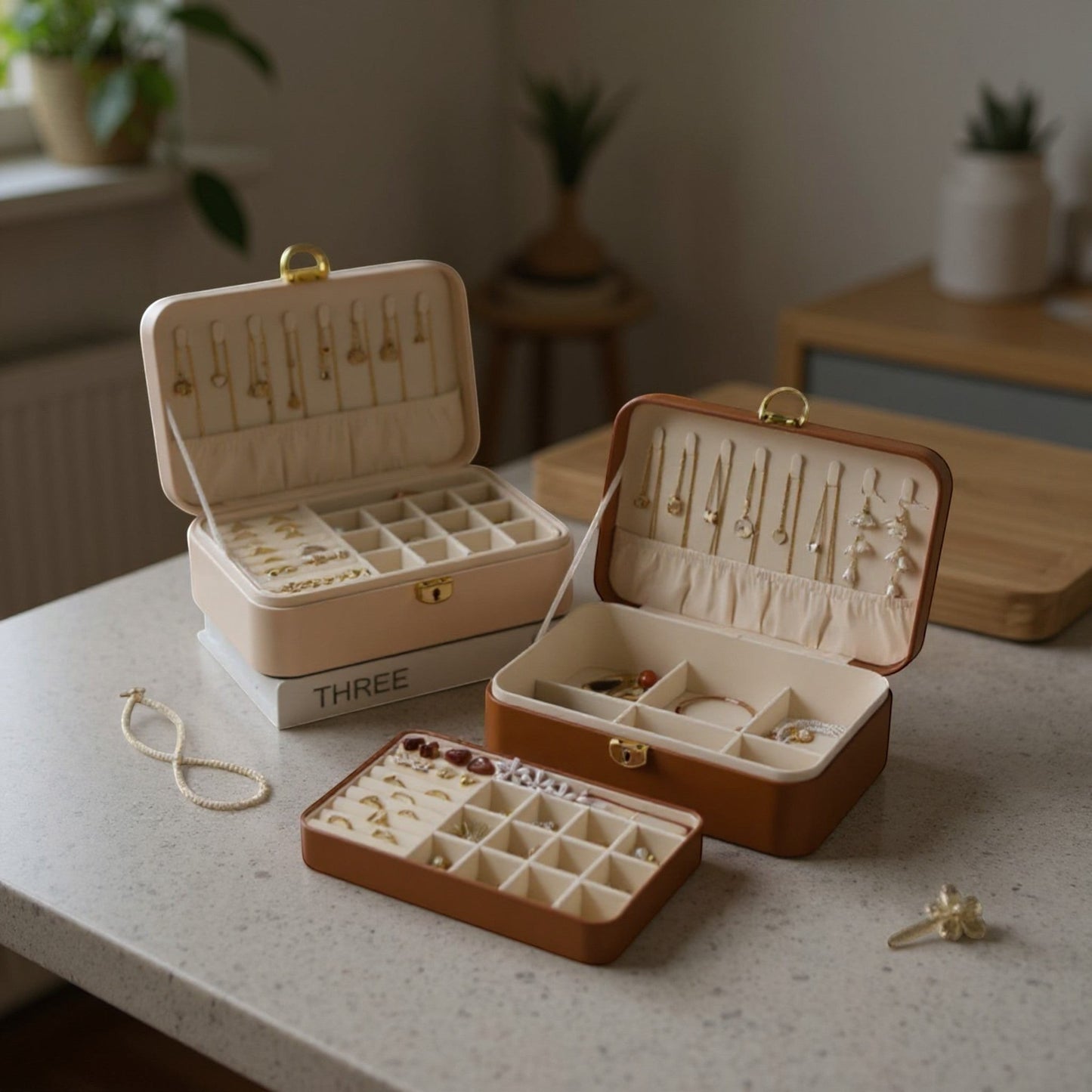 Boîtes à bijoux ouvertes avec grande capacité de rangement, posées sur une table dans un intérieur lumineux.