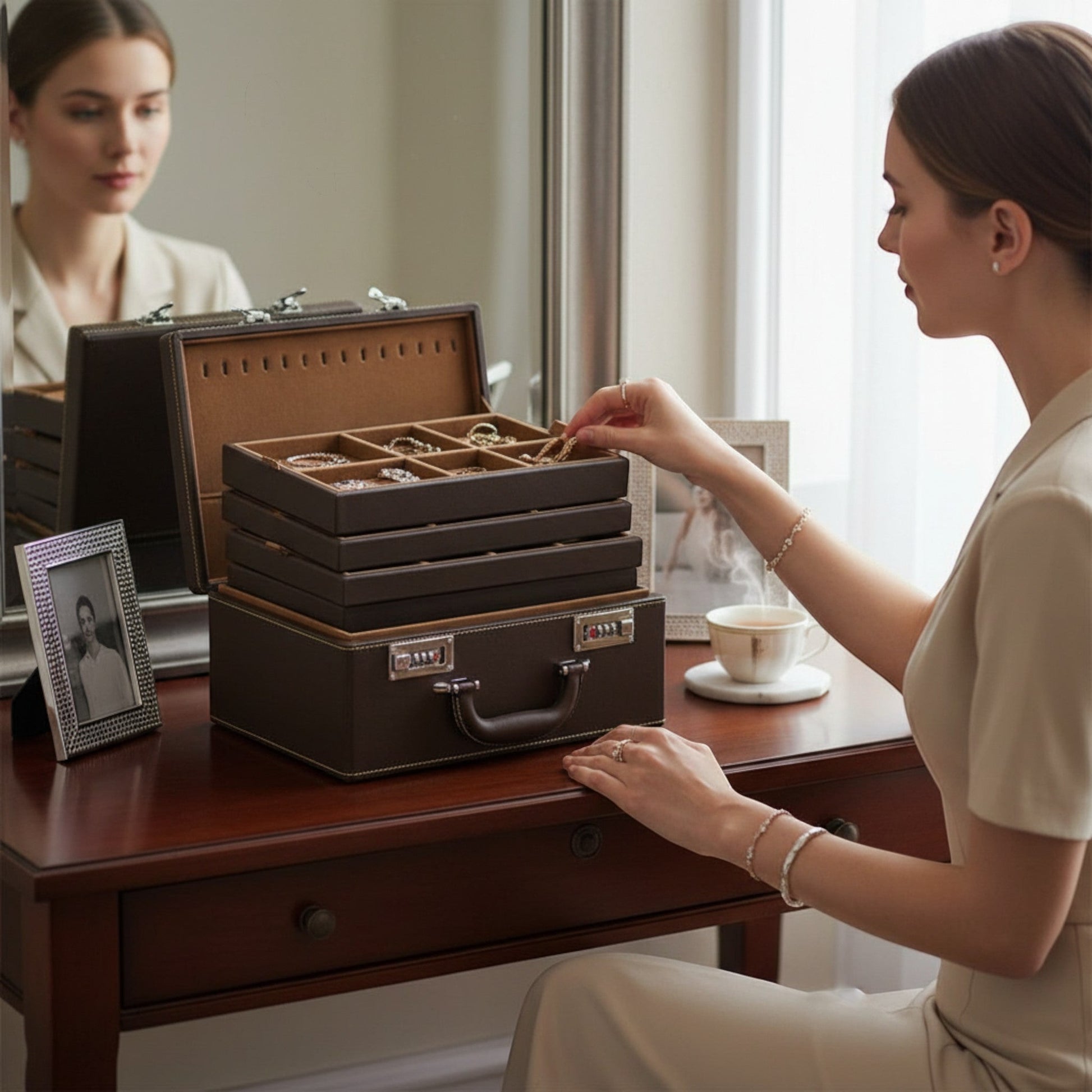 boîte à bijoux grande taille en cuir marron avec tiroirs et compartiments pour rangement de bijoux