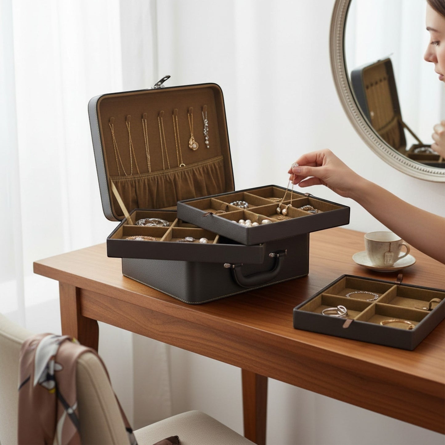 boîte à bijoux grande taille en cuir marron avec rangement pour bagues colliers et bracelets