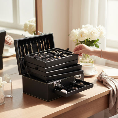 boîte à bijoux grande taille noire avec tiroirs multiples et intérieur en velours pour organiser les bijoux