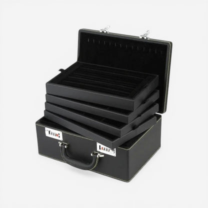boîte à bijoux grande taille noire avec intérieur velours et rangement organisé pour bijoux