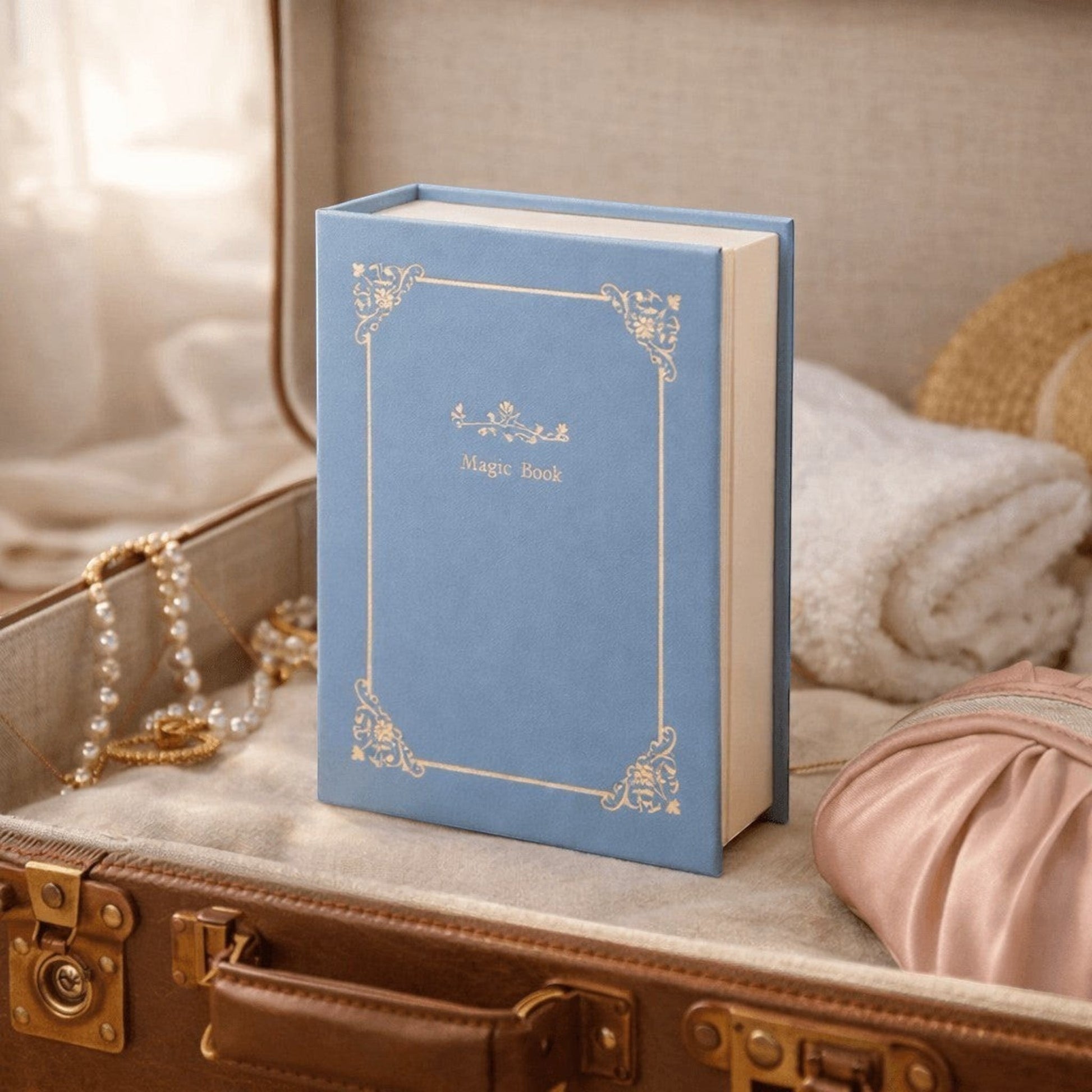 boîte à bijoux en forme de livre bleu avec compartiments pour bijoux