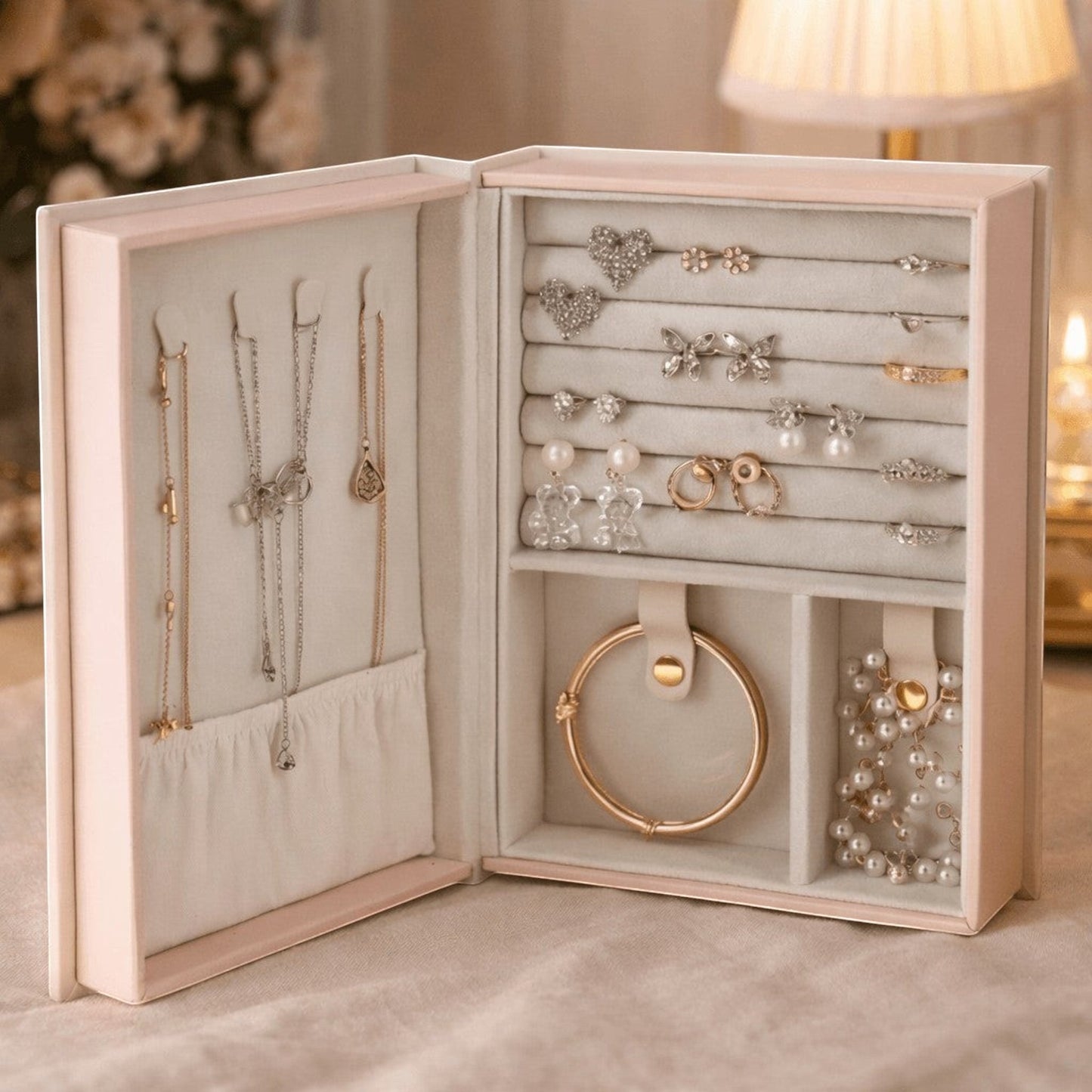 boîte à bijoux en forme de livre rose ouverte avec compartiments pour bagues et colliers