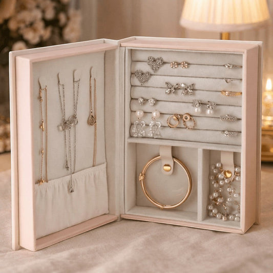 boîte à bijoux en forme de livre rose ouverte avec compartiments pour bagues et colliers