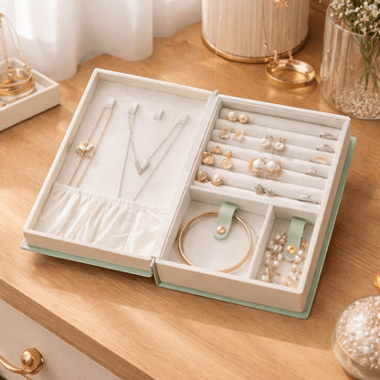boîte à bijoux en forme de livre vert ouverte avec compartiments pour bijoux