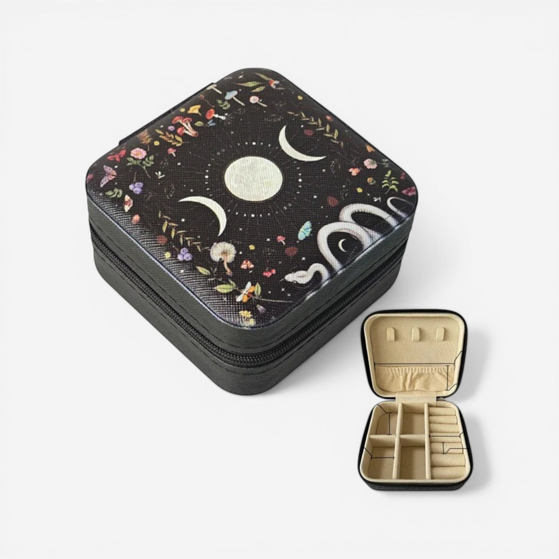 boîte à bijoux lune compacte avec bijoux et design décoratif élégant