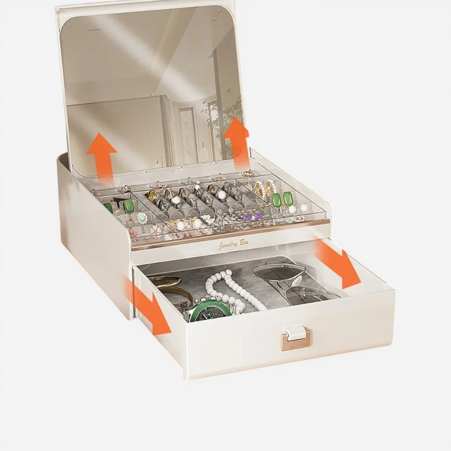 Boîte à bijoux avec miroir intégré et compartiments pratiques pour un rangement organisé et accessible.