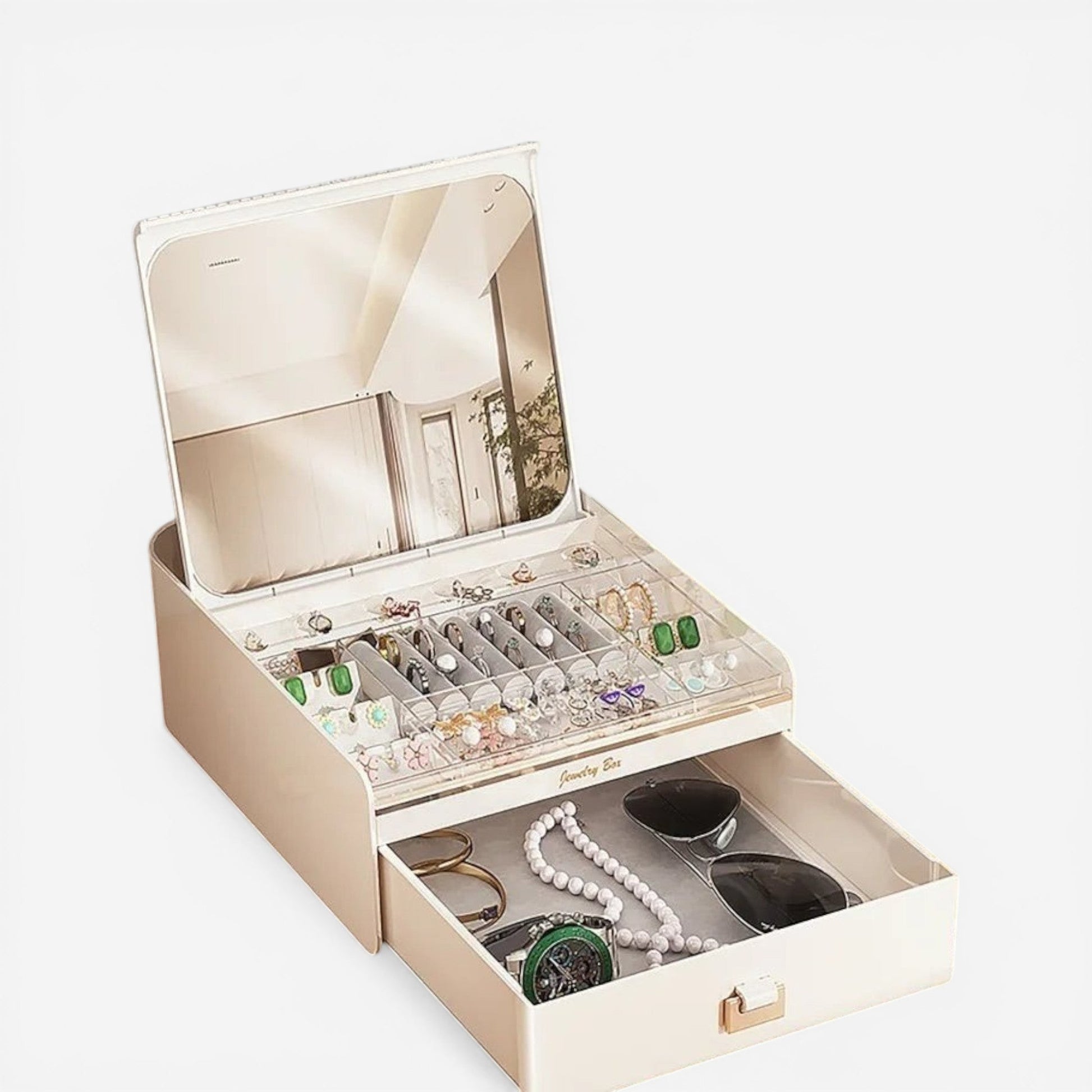 Boîte à bijoux luxe avec compartiments multiples, idéale pour organiser bagues, colliers et bracelets avec élégance.