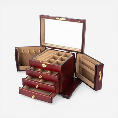 Boîte à bijoux de luxe ouverte avec serrure et compartiments pour bijoux et accessoires